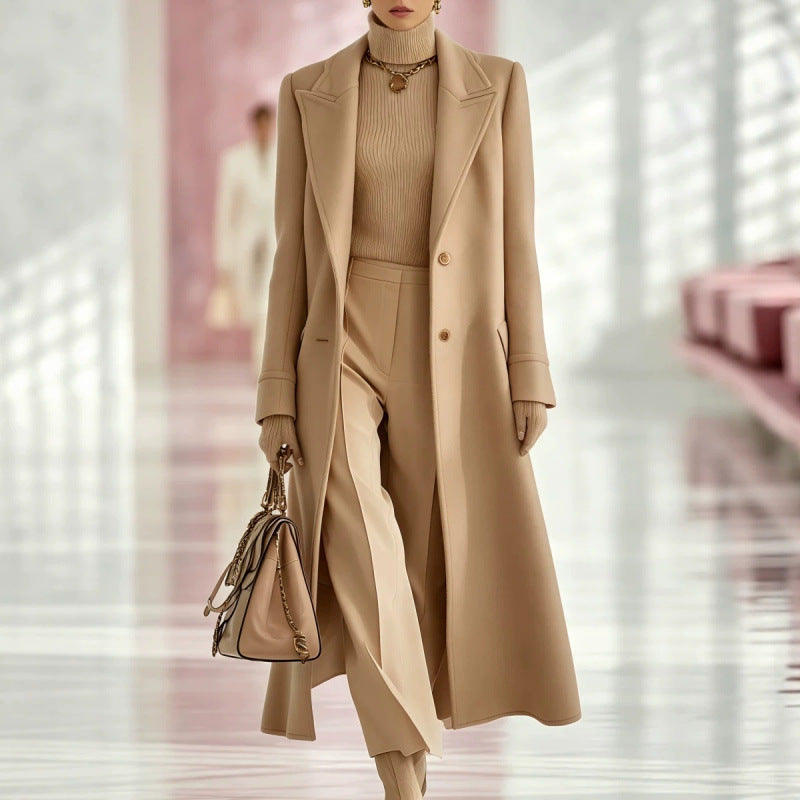 Women’s mid-length wool coat, tan, notched lapels, button front, side pockets