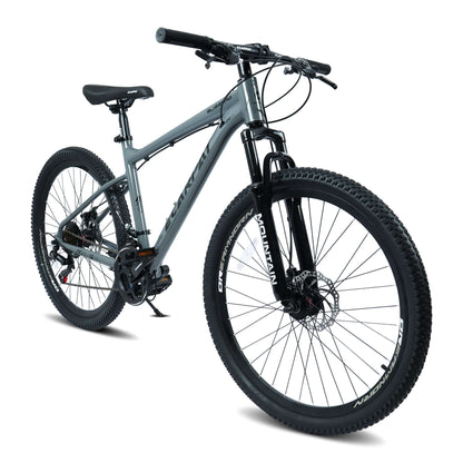 All-terrain mountain bike with grey and black frame, disc brakes, and front suspension