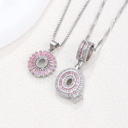 Rock Sugar 26-letter Pendant Necklace For Women, Copper Inlaid Zircon Round Flower Jewelry Set