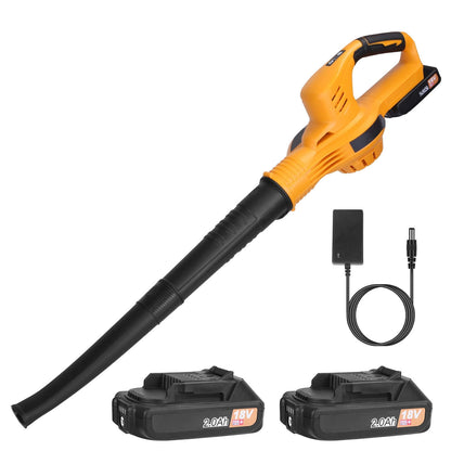 Orange cordless handheld leaf blower with black nozzle, 2x 18V battery and charger cable