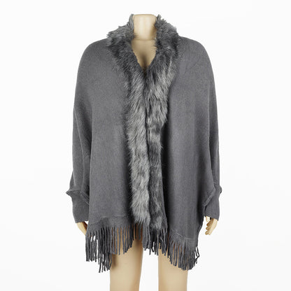 Women's Faux Fur Trim Cardigan Coat - Fringe Hem Layer Poncho For Fall & Winter Women's Faux Fur Trim Cardigan Coat - Fr | Ectron Online