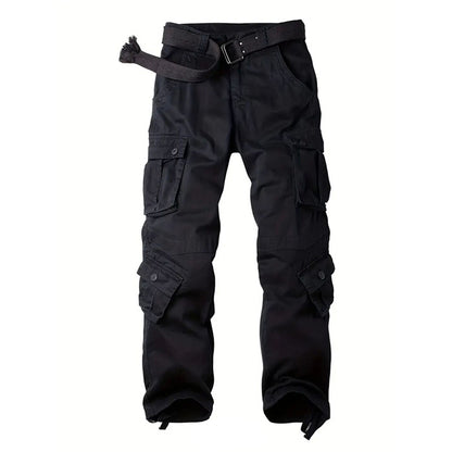 Men's black cargo pants with multiple flap pockets and adjustable belt strap at waist