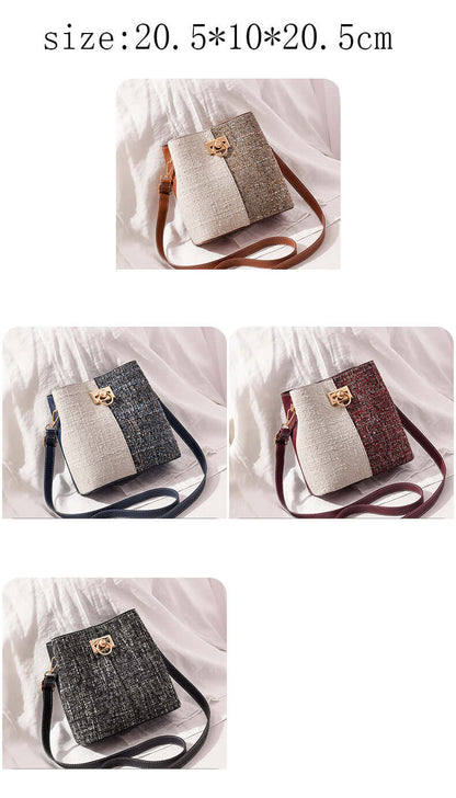 Collage of textured bucket bags: cream-and-dark, cream-and-brown, and cream-and-wine colors