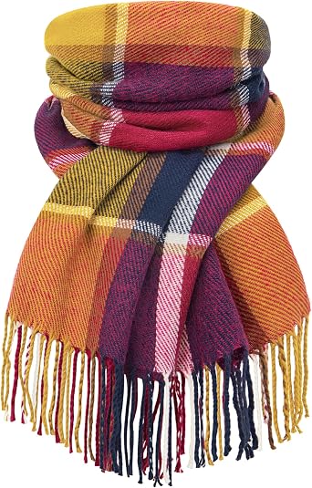 Women's plaid winter scarf with fringe, multicolor check wrap