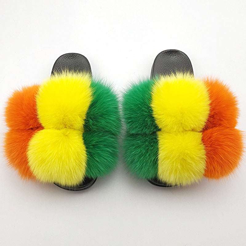 Luxury Fox Fur Slides & Fluffy Slippers Fox Fur Ball Slippers For Outer Wear | Ectron Online