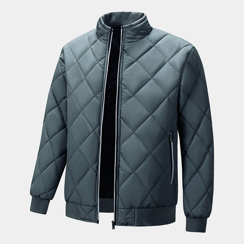 Gray-green quilted winter jacket with zip front, stand collar, fur lining, ribbed cuffs