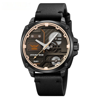 Exposed-gear quartz watch with black leather strap and rose-gold bezel