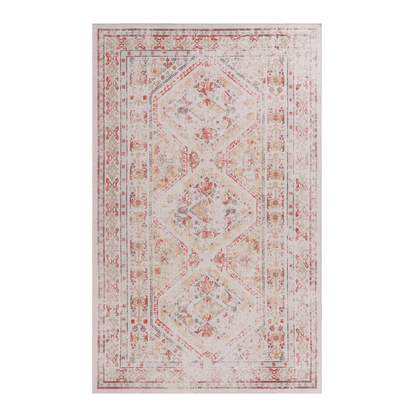 Rectangular cream area rug with red and blue geometric medallion and border pattern