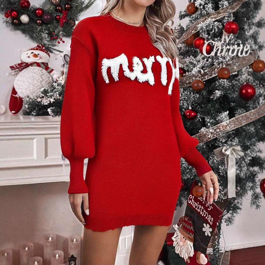 Women's Knitted Sheath Dress Women's Knitted Round Neck Lantern Sleev | Ectron Online