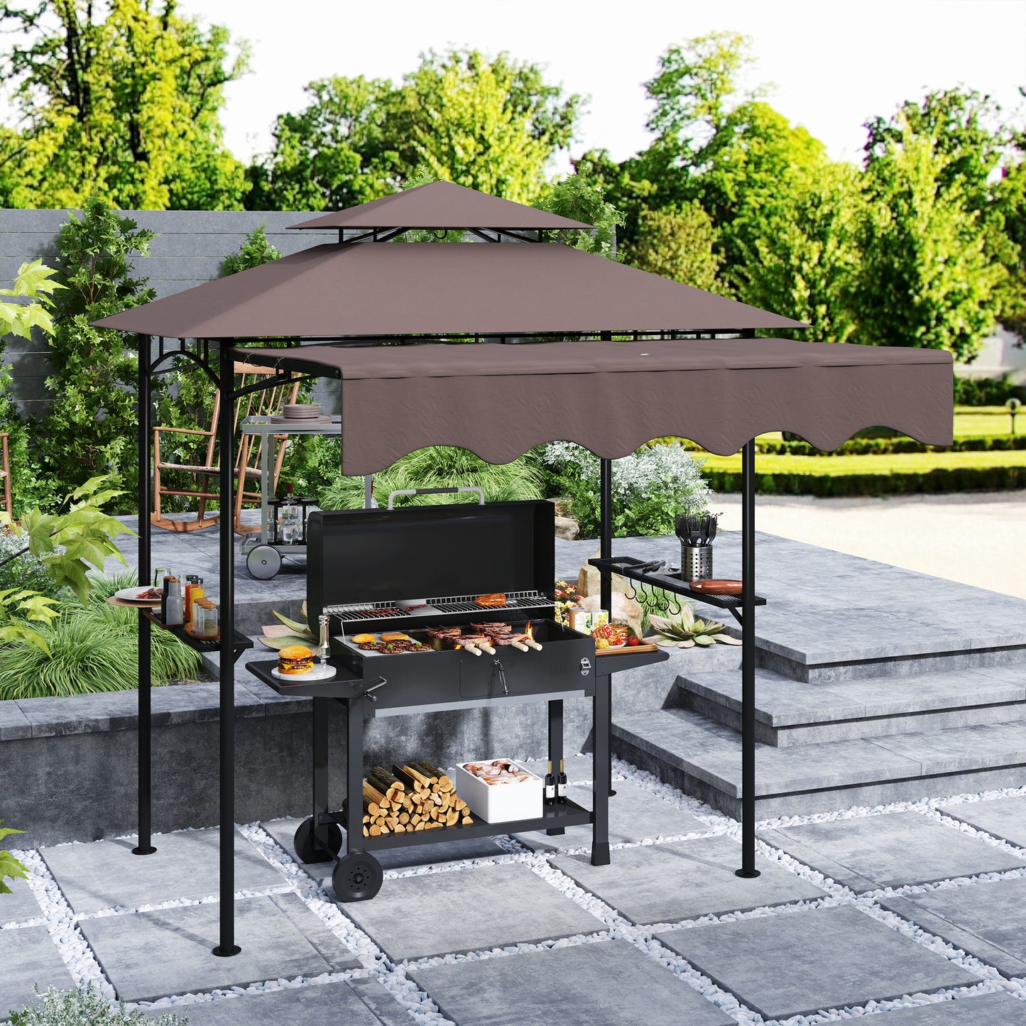 Brown grill gazebo shelter with side awning, sheltering a countertop grill setup