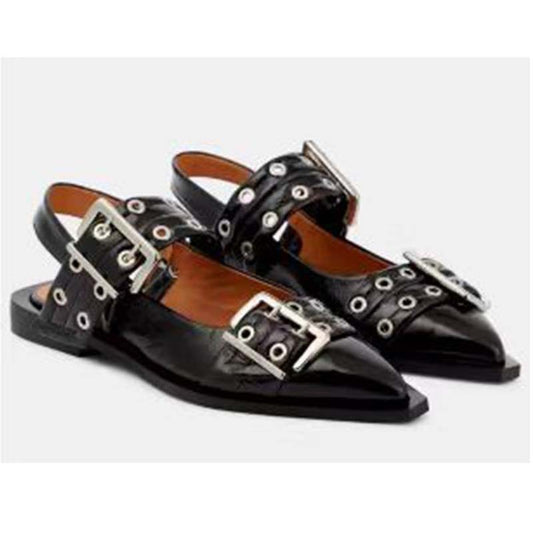 Pointed Toe Leather Mules – Flat Sandals with Belt Buckle Pointed Toe Belt Buckle Mules Leather Fl | Ectron Online