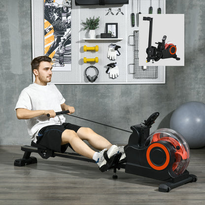 Foldable water rowing machine with black seat, foot straps, and orange water flywheel