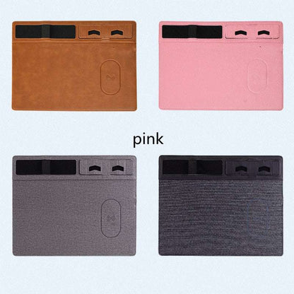 Four color options of a desk pad with card slots on a white background.