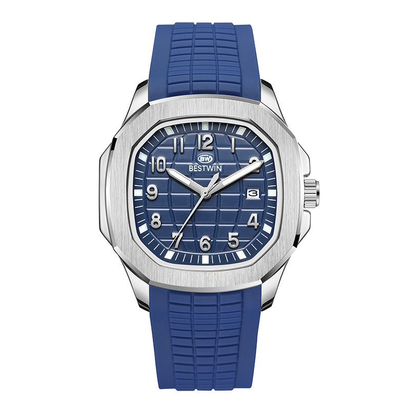 {{ brand }} Men's Fashion Sports Watch Blue Ribbon Silver Case Blue - Fashion Sports Silicone Strap Alloy Watc