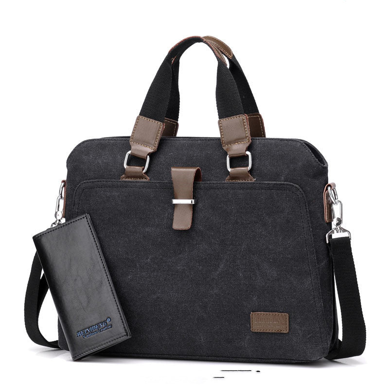 Canvas briefcase in black with zip wallet pocket on left, dual handles, and front metal clasp