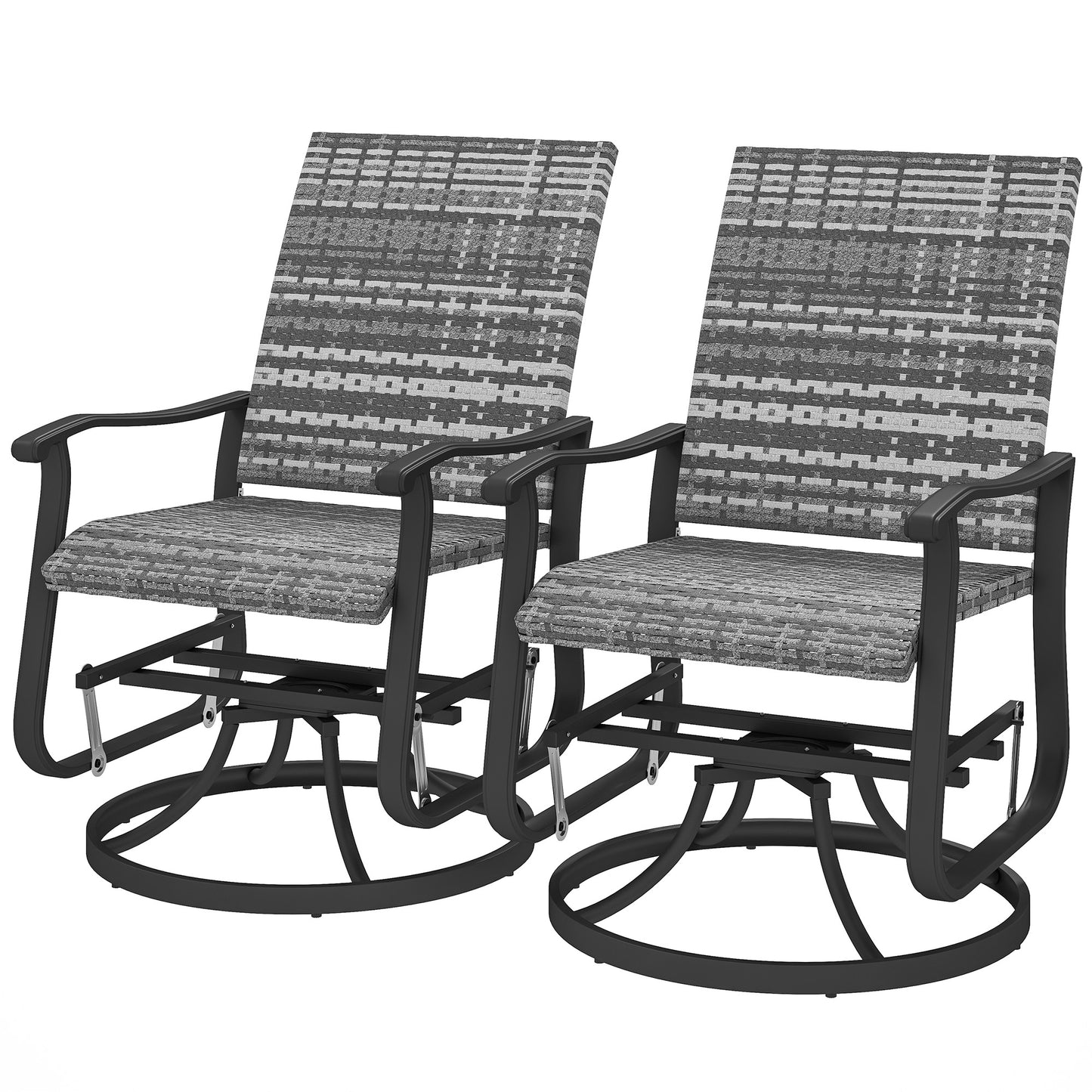 Set of 2 gray woven wicker swivel glider chairs with high backs, armrests, and base