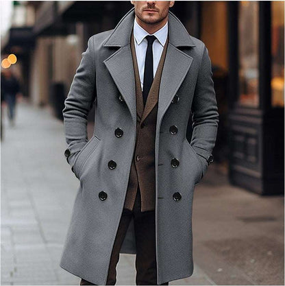 Men's long double-breasted wool coat, gray with notch lapels and dark buttons