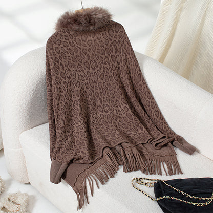 Women's Leopard Poncho with Faux Fur Collar | Fringe Hem Cardigan Women's Leopard Poncho With Faux Fur Col | Ectron Online