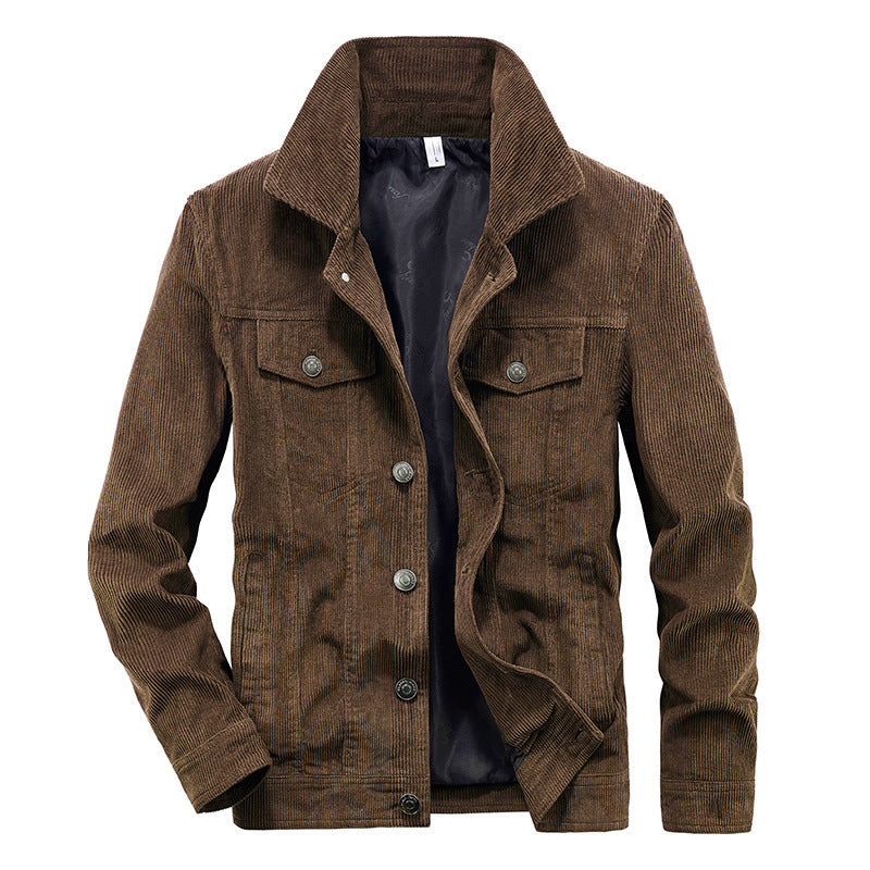 Coffee brown thin corduroy work jacket with button front and chest flap pockets