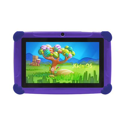 A 7-inch children's tablet computer in orange color with colorful protective case and multiple viewing angles displayed. The device is shown with a colorful screen displaying a learning application.