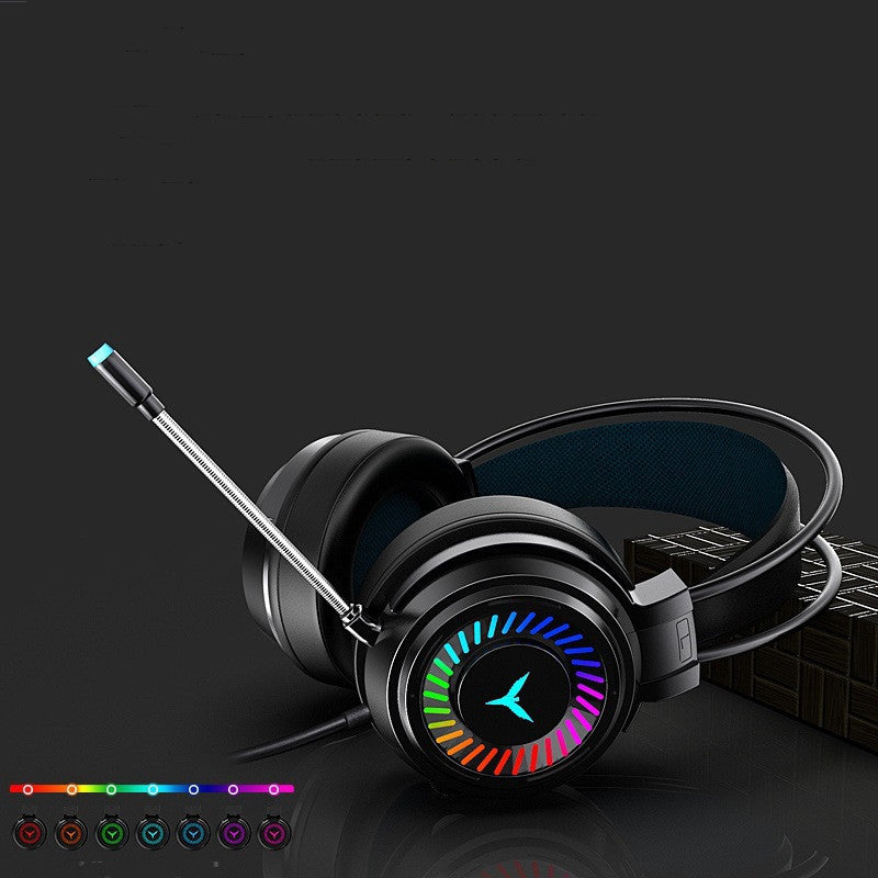 Black gaming headset with RGB lighting on a dark background