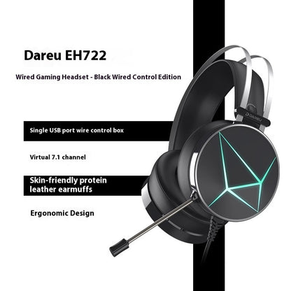 Dareu EH722 gaming headset with features listed on a white background