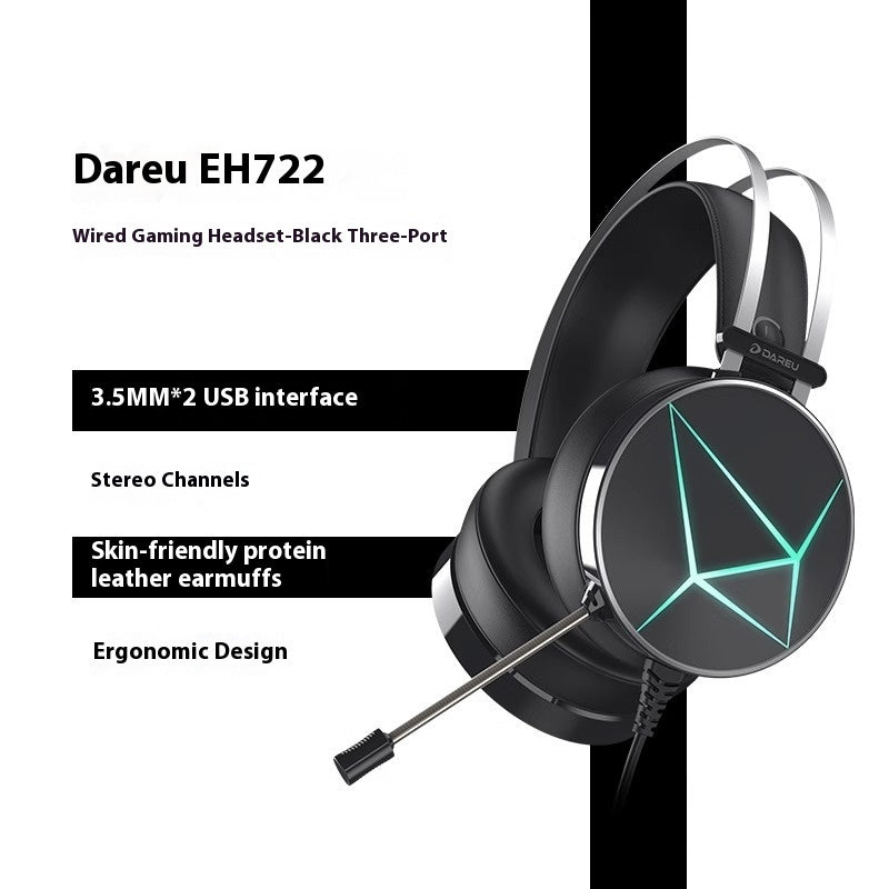 Dareu EH722 gaming headset with features listed on a white background
