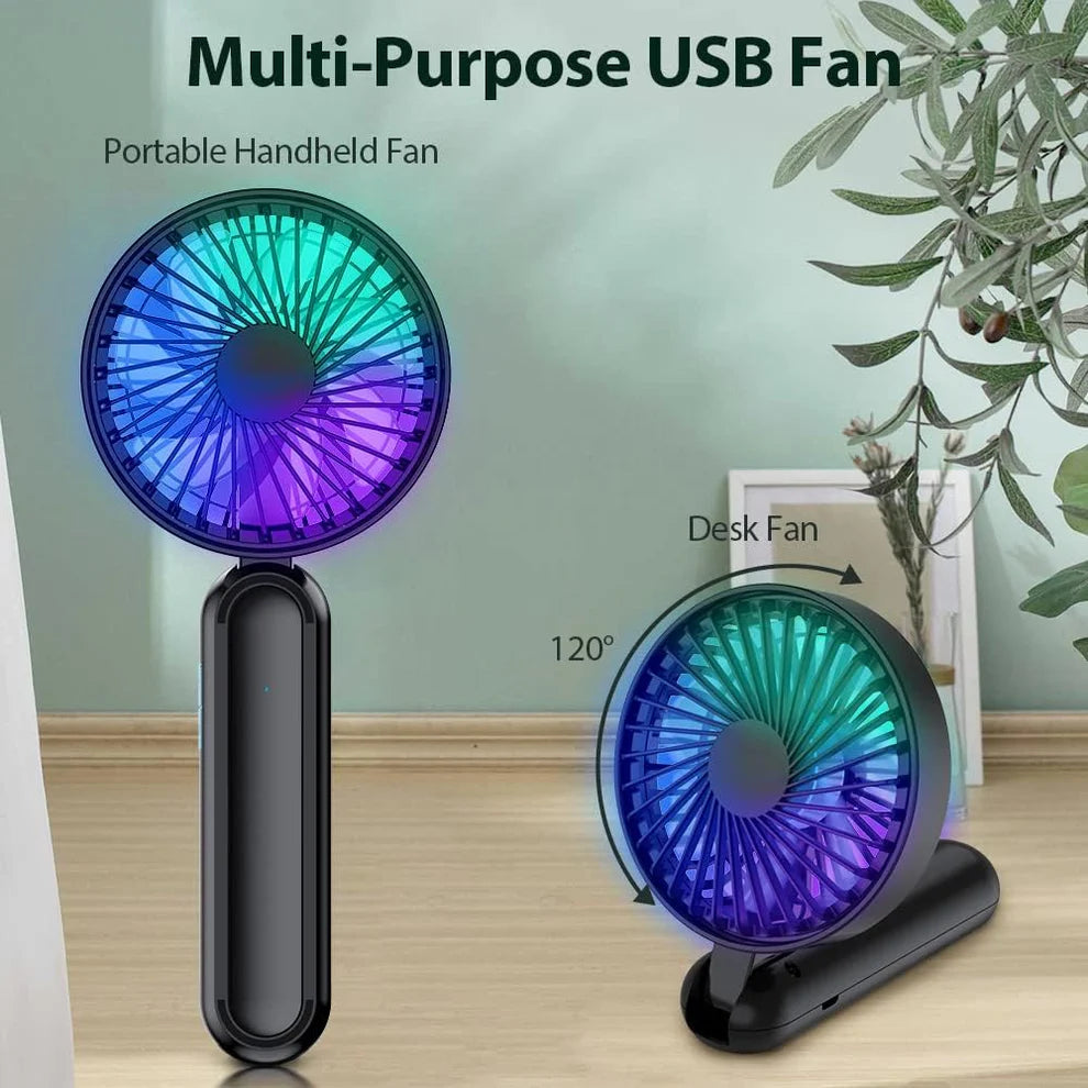 Portable handheld fan, personal USB handheld fan with RGB color lights, 5-speed foldable desk fan with rechargeable battery