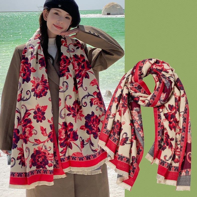 Retro Ethnic Style Peony Flower Cashmere Scarf