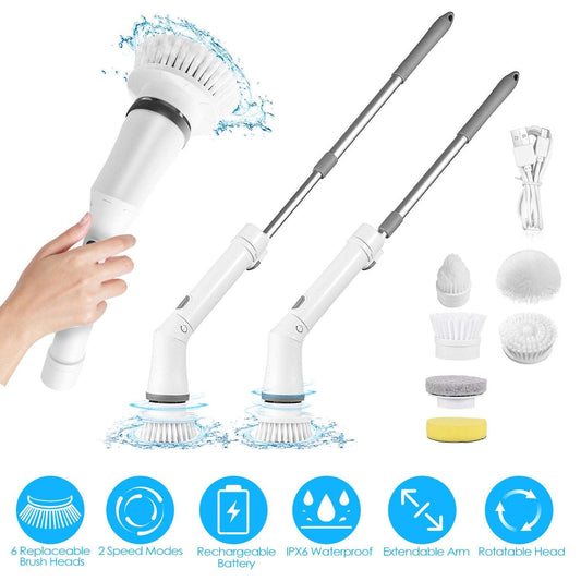 White cleaning brush with extendable arm, multiple brush heads, and water spray on a white background.