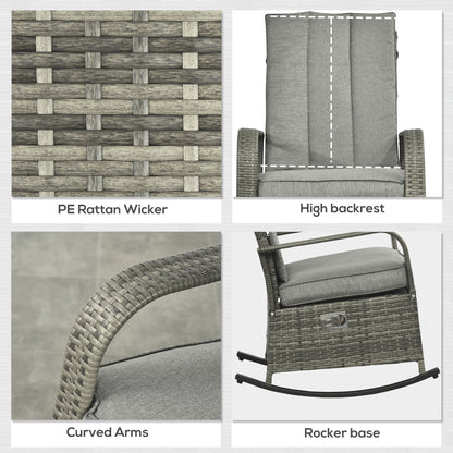 Gray PE rattan wicker rocking recliner with high backrest, curved arms, rocker base