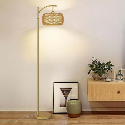 Gold floor lamp with woven shade and arched pole, LED-ready warm light