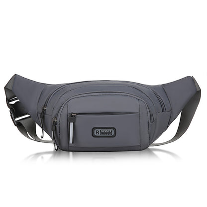 Gray waist bag with front zip panel and adjustable shoulder strap