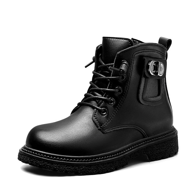 Girls black ankle boot with lace-up ties, side buckle strap, and rugged tread sole