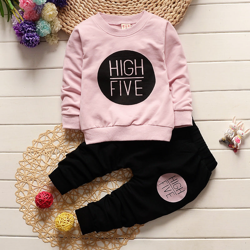 Baby girl two-piece set: pink sweatshirt and black pants, round 'HIGH FIVE' print