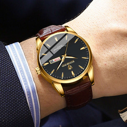 Men's quartz watch with gold case, black dial, brown leather strap and day date window