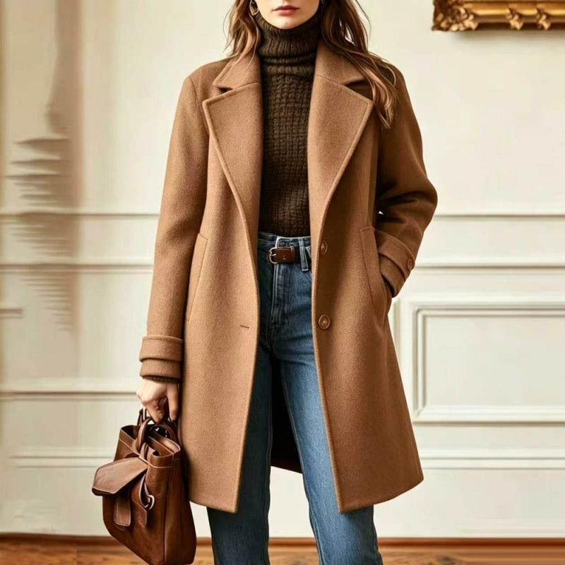 Camel mid-length lapel coat with notch lapels and button front, long sleeves
