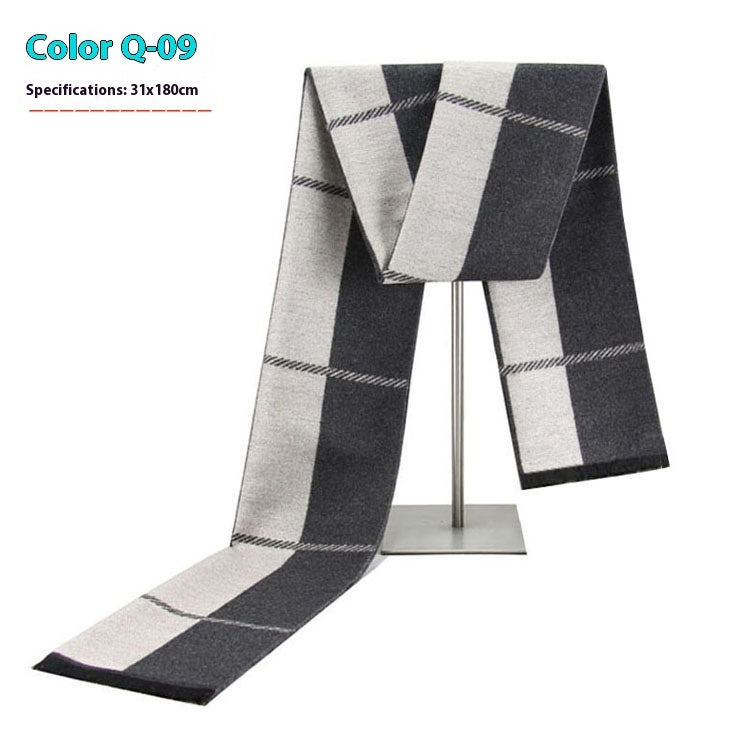 Plaid scarf with black and white pattern on a stand, labeled 'Color Q-09'.