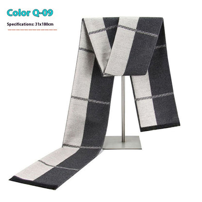 Plaid scarf with black and white pattern on a stand, labeled 'Color Q-09'.