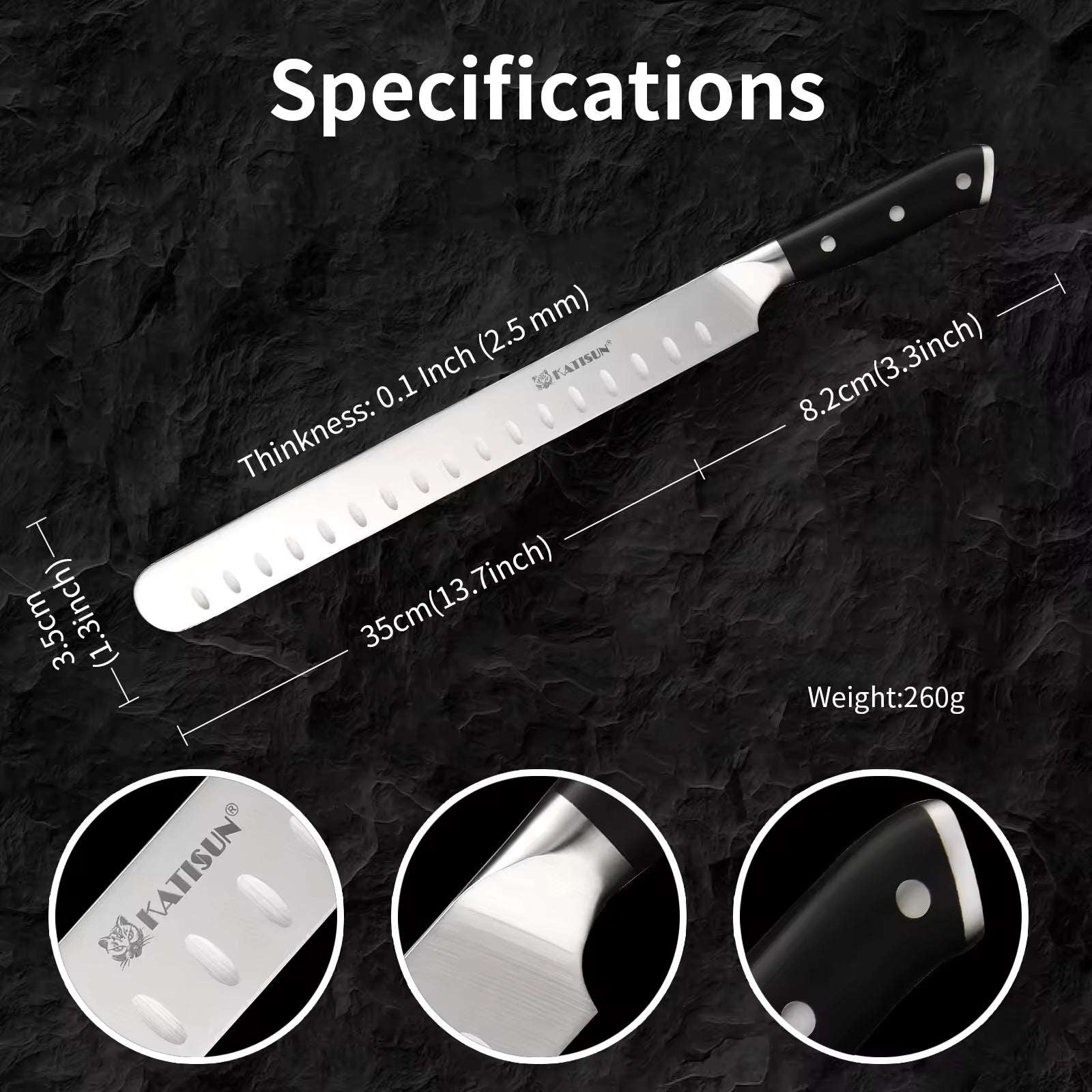 Heavy-duty carving knife with white dimpled blade and black handle, side view
