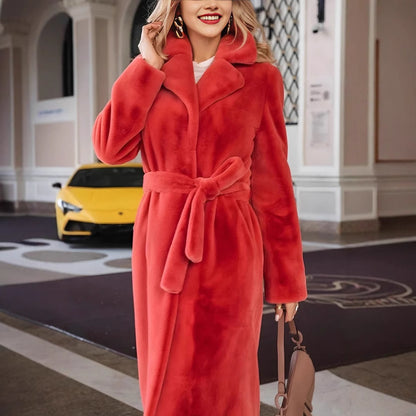 Women's Elegant Plush Long Coat | Lace-Up Turn-Down Collar Jacket Women's Fashionable Elegant Lace-up Turn | Ectron Online