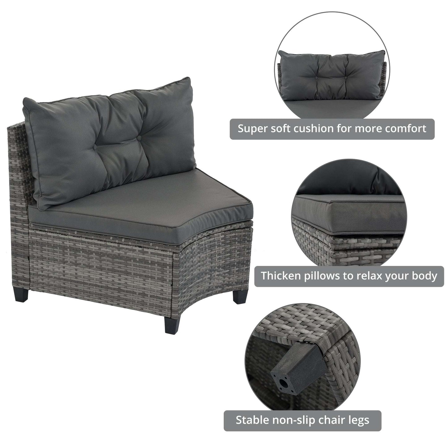 Gray wicker seat with thick tufted back cushions and padded seat