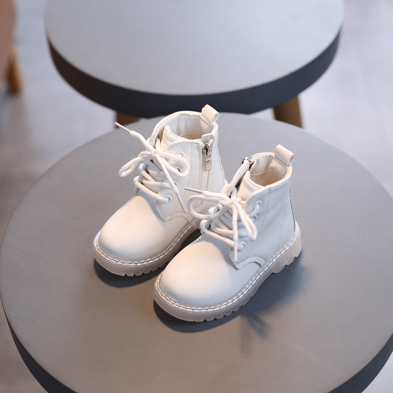 Children's white lace-up boots with chunky sole and padded ankle