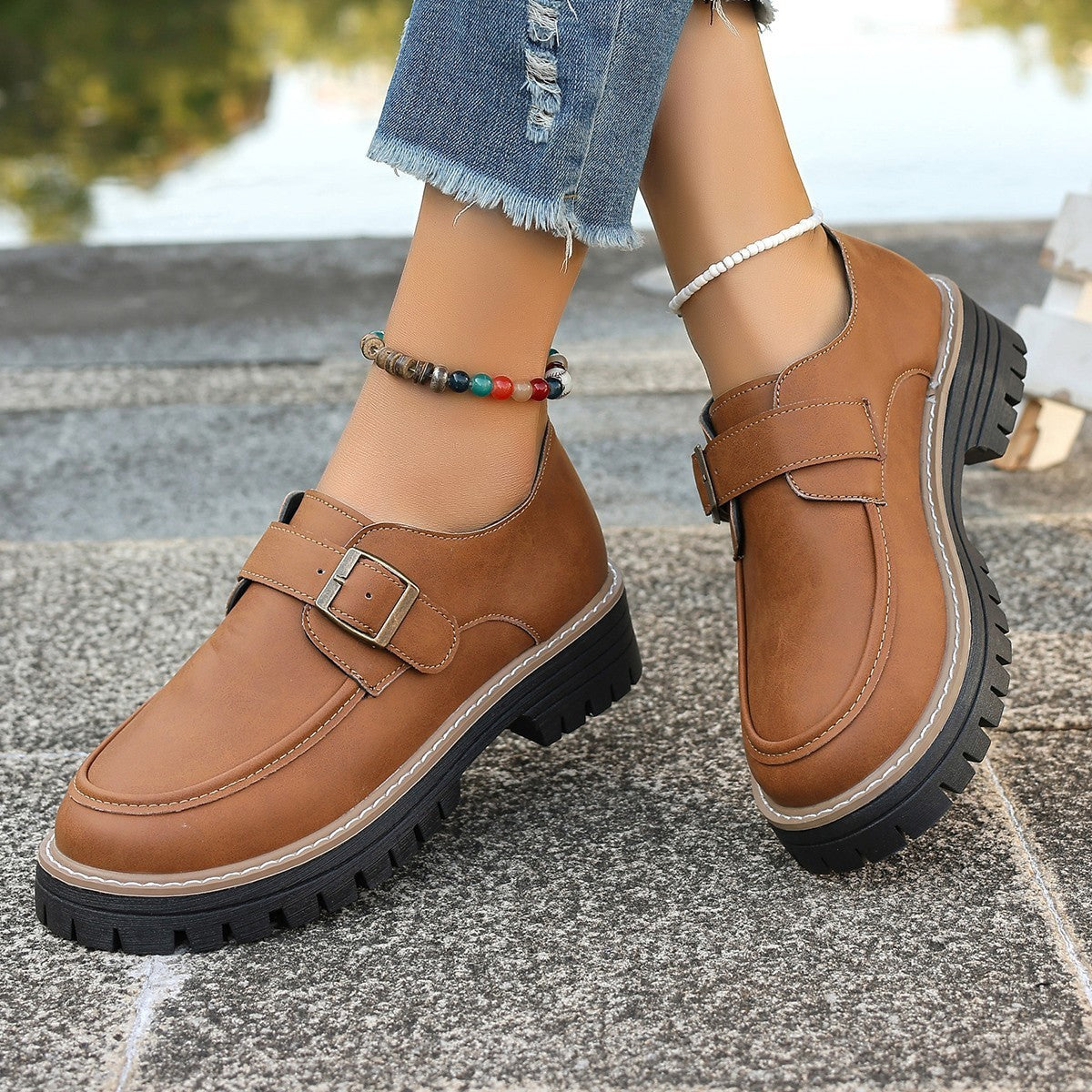Women's Buckle Loafers - British Style Thick-Sole Shoes Fashion Buckle Loafers For Women British | Ectron Online