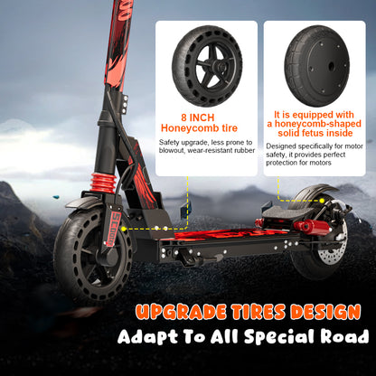 Electric scooter with 8-inch honeycomb-style tires and red suspension fork