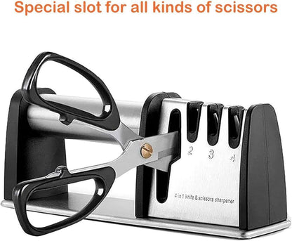 Black and silver scissor sharpener with U-shaped handle guide and numbered slots