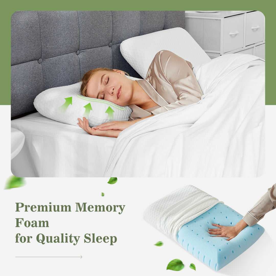 Memory foam cervical pillow under sleeper’s head and neck, off-white cover