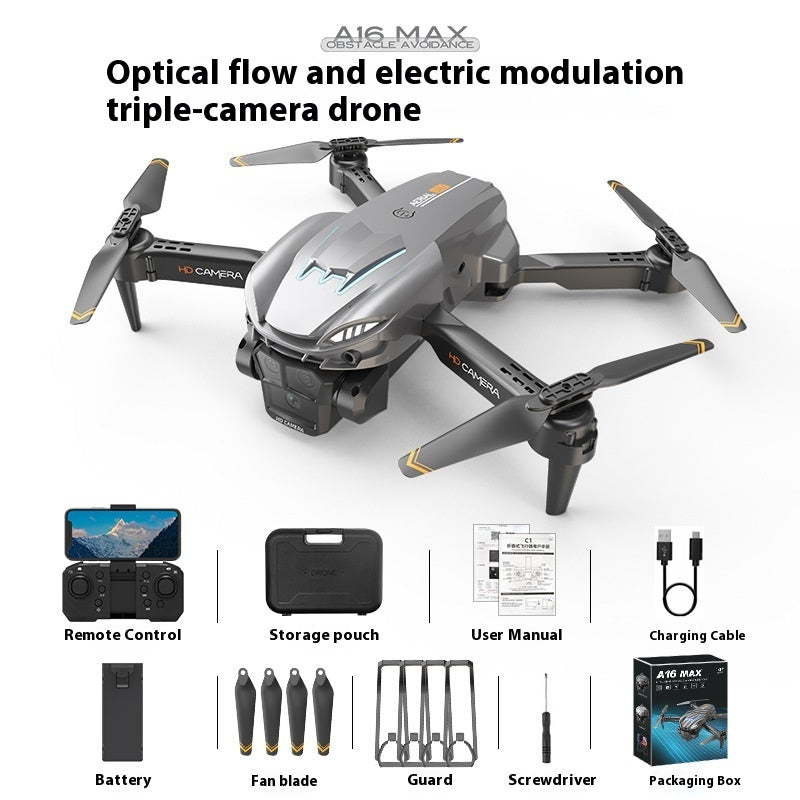 Silver triple-camera drone with four propellers and blue light accent on body