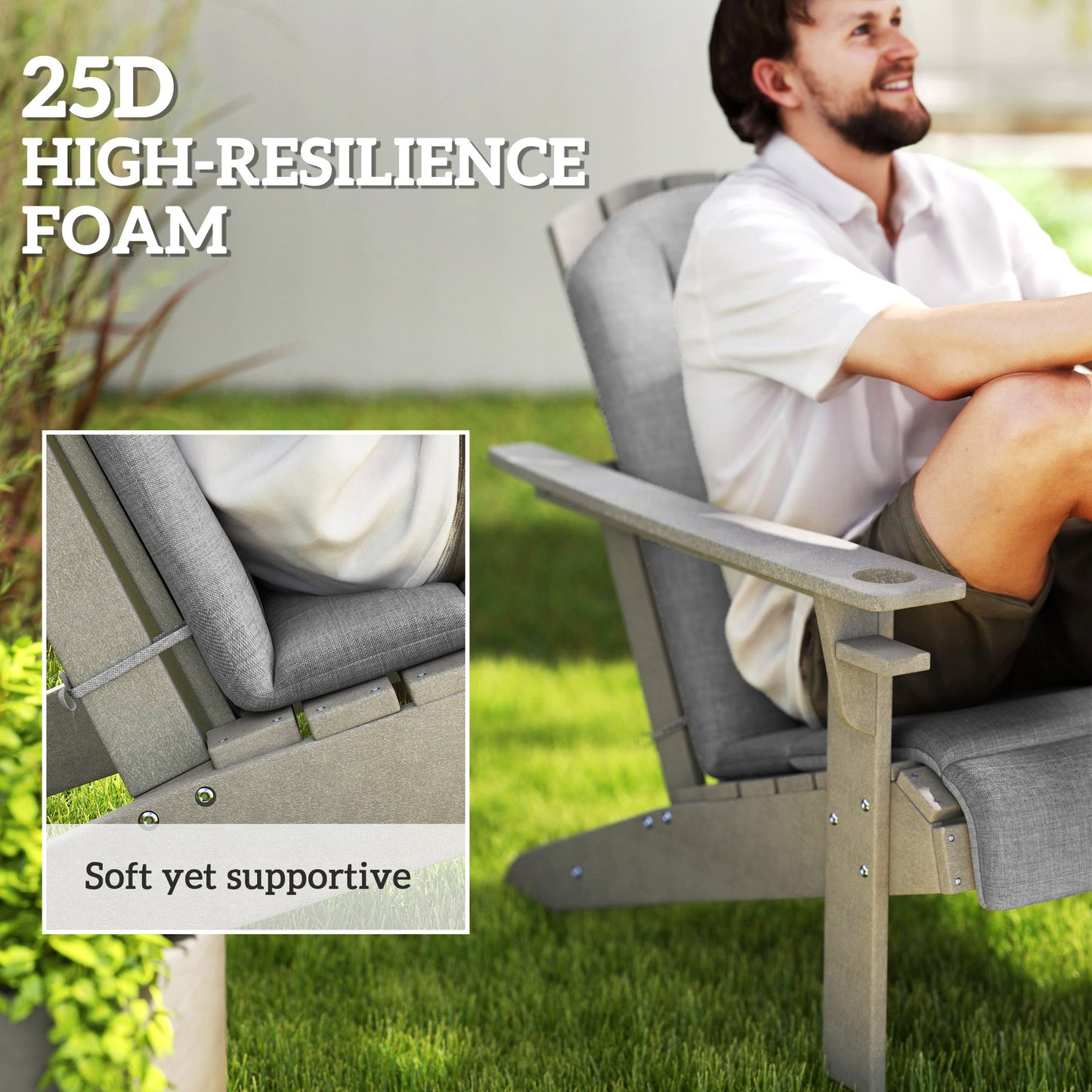 Gray high back Adirondack chair cushion with contoured seat and back support
