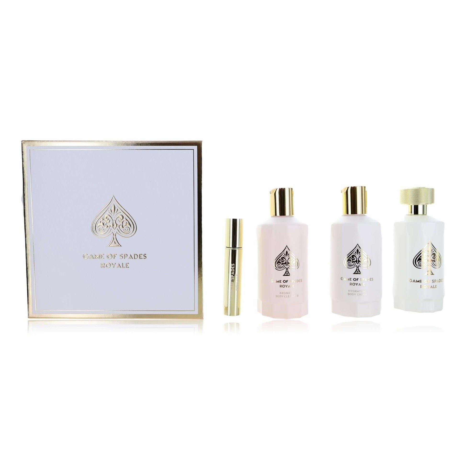 Fragrance gift set box with three perfume bottles, gold caps and printed labels